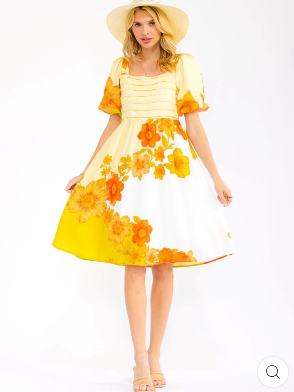K876. New floral Yellow & White Floral Fit-and-Flare Dress